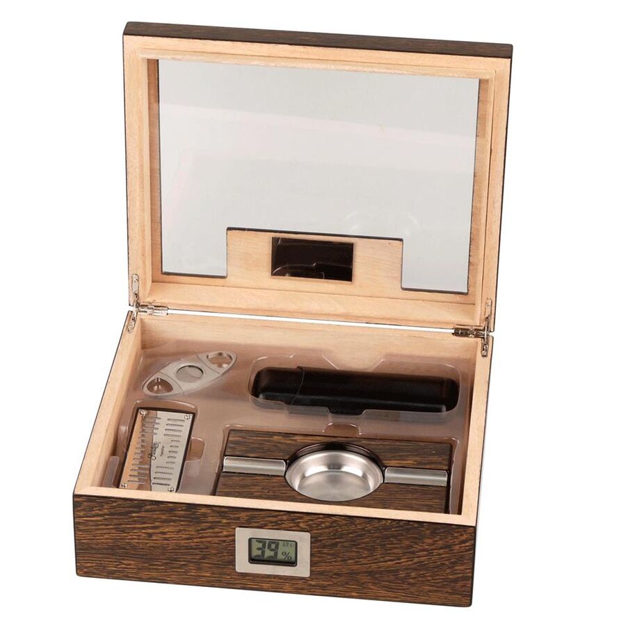 Cedar German Glass Cigar Box Humidor Set Brown 50's