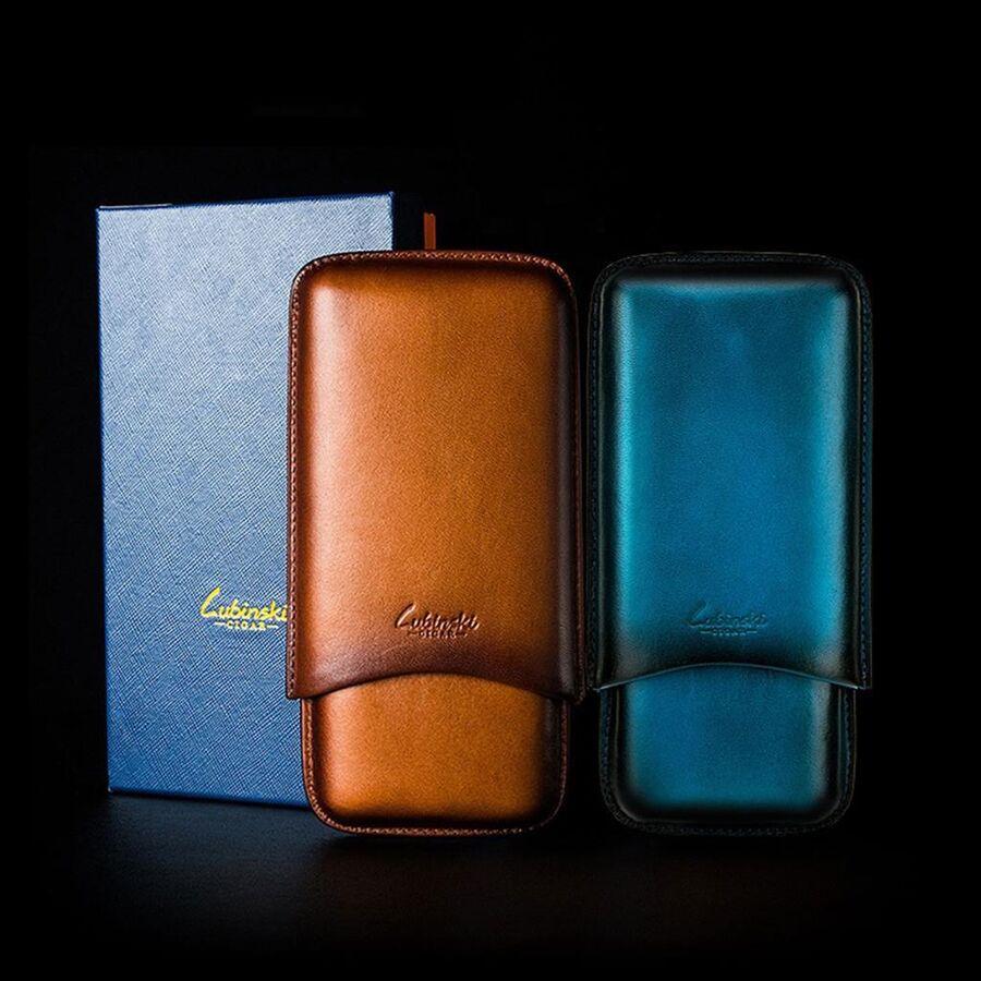 Lubinski New Leather Cigar Case Blue 3-Piece (60Ring)