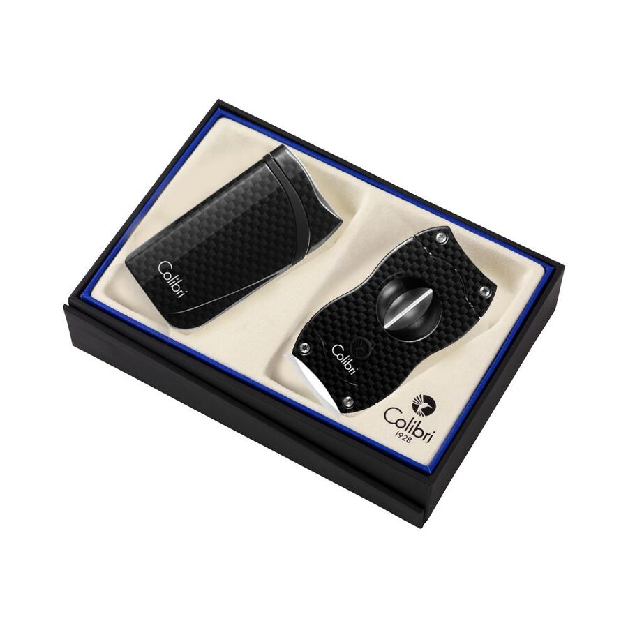 Colibri Falcon Cigar Lighter + V Cutter Set Carbon Black