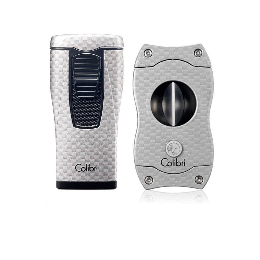 Colibri Monaco Cigar Lighter + V Cutter Set Carbon Silver