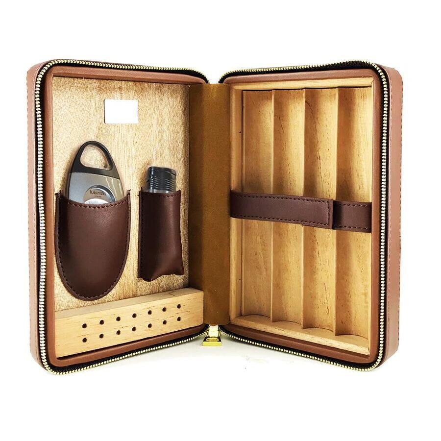 Lubinski Leather Travel Cigar Carrying Case Lighter + Cutter Tan Set