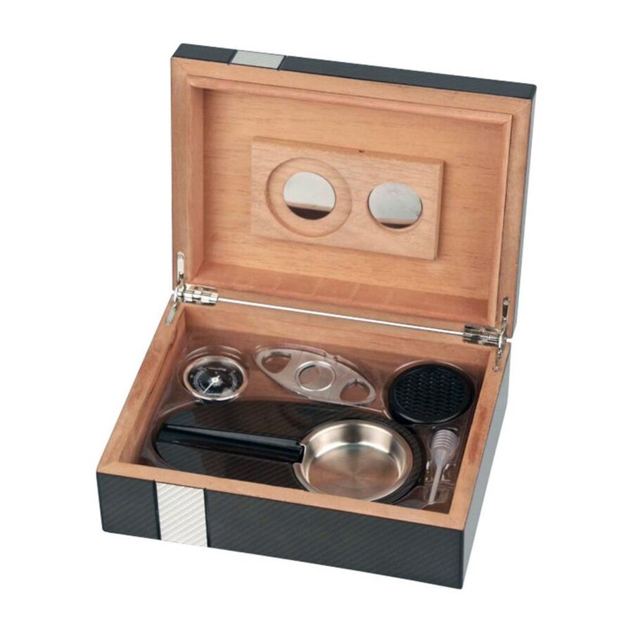 Passatore Carbon Cedar Humidor Cigar Set Black 20's